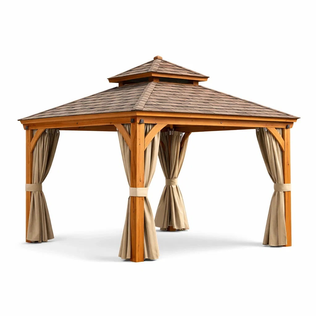 Gazebo da Giardino Legno di Cedro Tende Poliestere 300x300 cm
