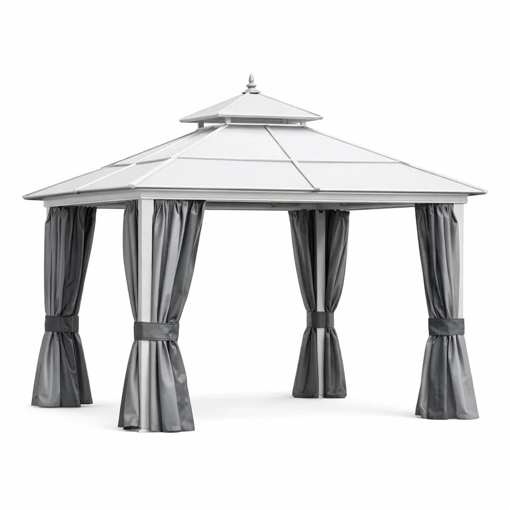 Gazebo da Giardino in Alluminio con Tetto in Acciaio e Tende in Poliestere