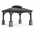 Gazebo in Alluminio con Tetto a Due Livelli e Colonne in Pietra 3x4 m Grigio Scuro