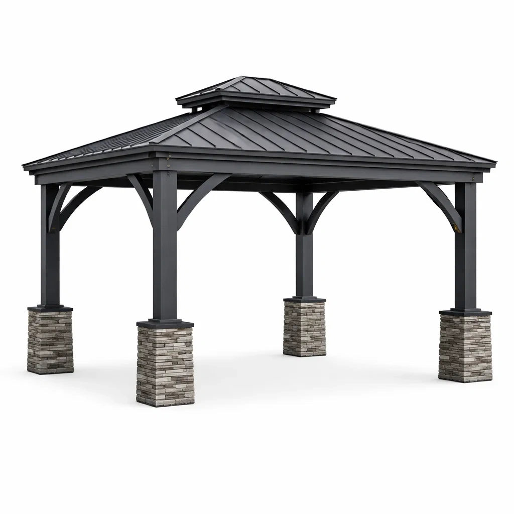 Gazebo in Alluminio con Tetto a Due Livelli e Colonne in Pietra 3x4 m Grigio Scuro