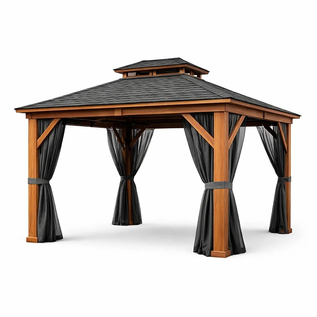 Gazebo da Esterno in Legno con Tetto in Tegole e Tende in Poliestere