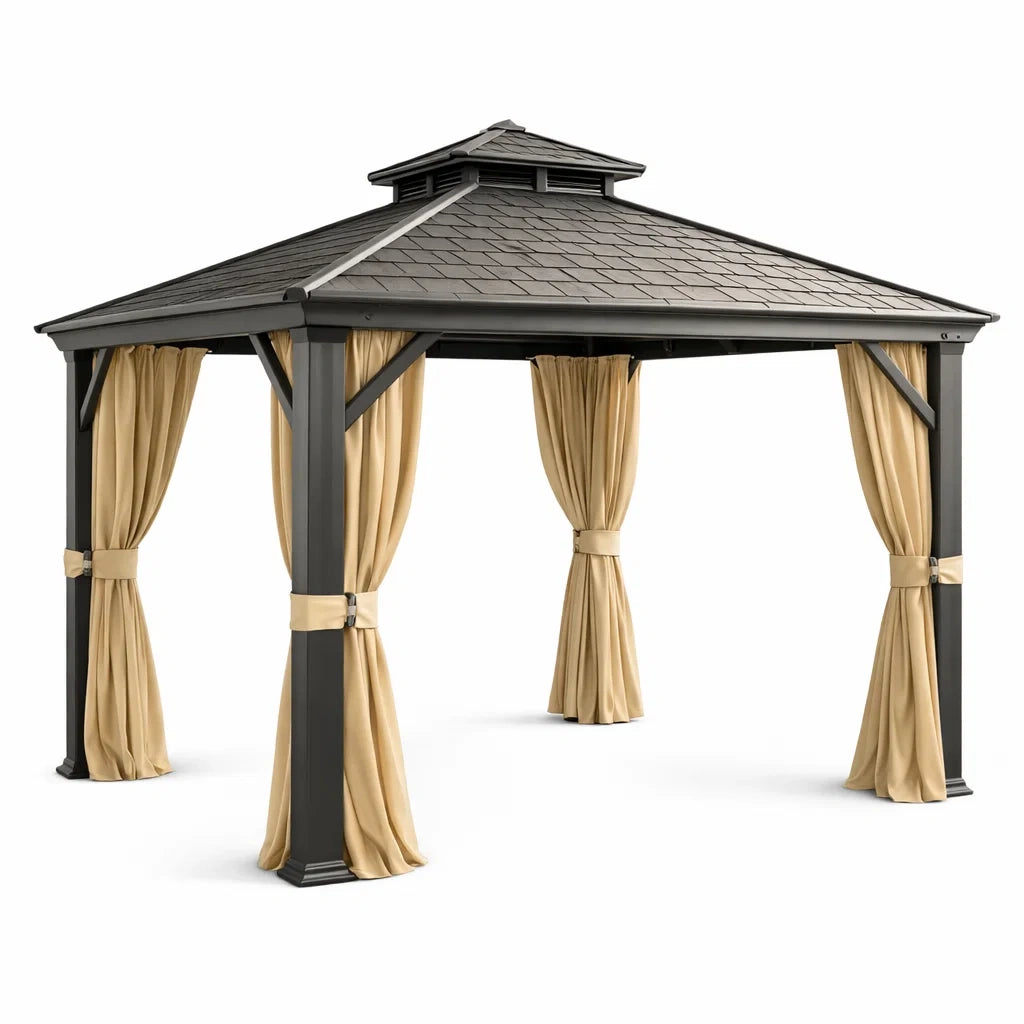 Gazebo da Giardino in Metallo con Tetto Ventilato e Tende in Poliestere 3x3 m Beige