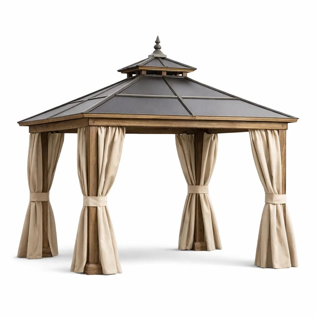 Gazebo da Giardino in Legno e Metallo Zincato con Tende Beige 300x400 cm