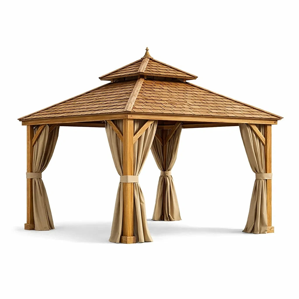 Gazebo in legno con tende in poliestere 360x300x320 cm