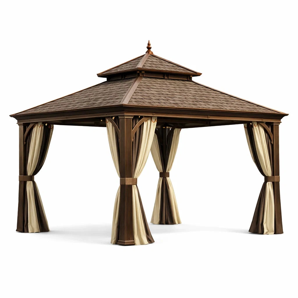 Gazebo da Giardino in Legno con Tegole Bituminose e Tende