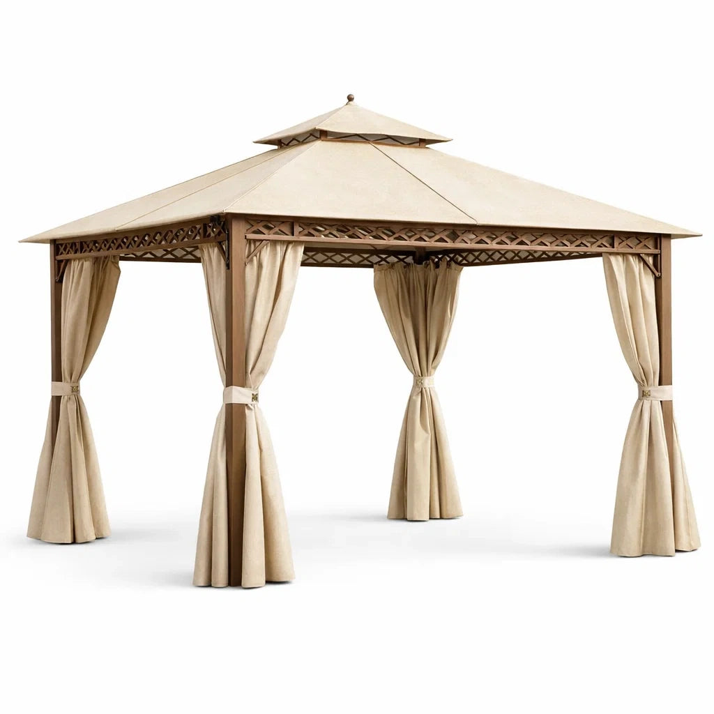 Gazebo da Giardino in Metallo con Tenda in Tessuto Beige