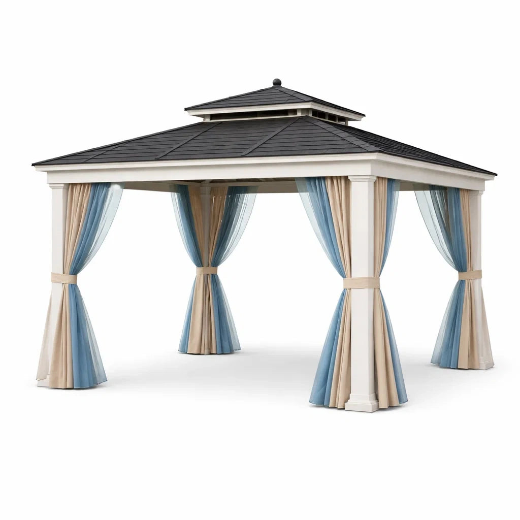 Gazebo in Alluminio con Tendaggi in Poliestere Beige e Blu 3x4 m