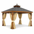 Gazebo in Legno con Tetto in Tegole e Tende in Poliestere 300x300 cm