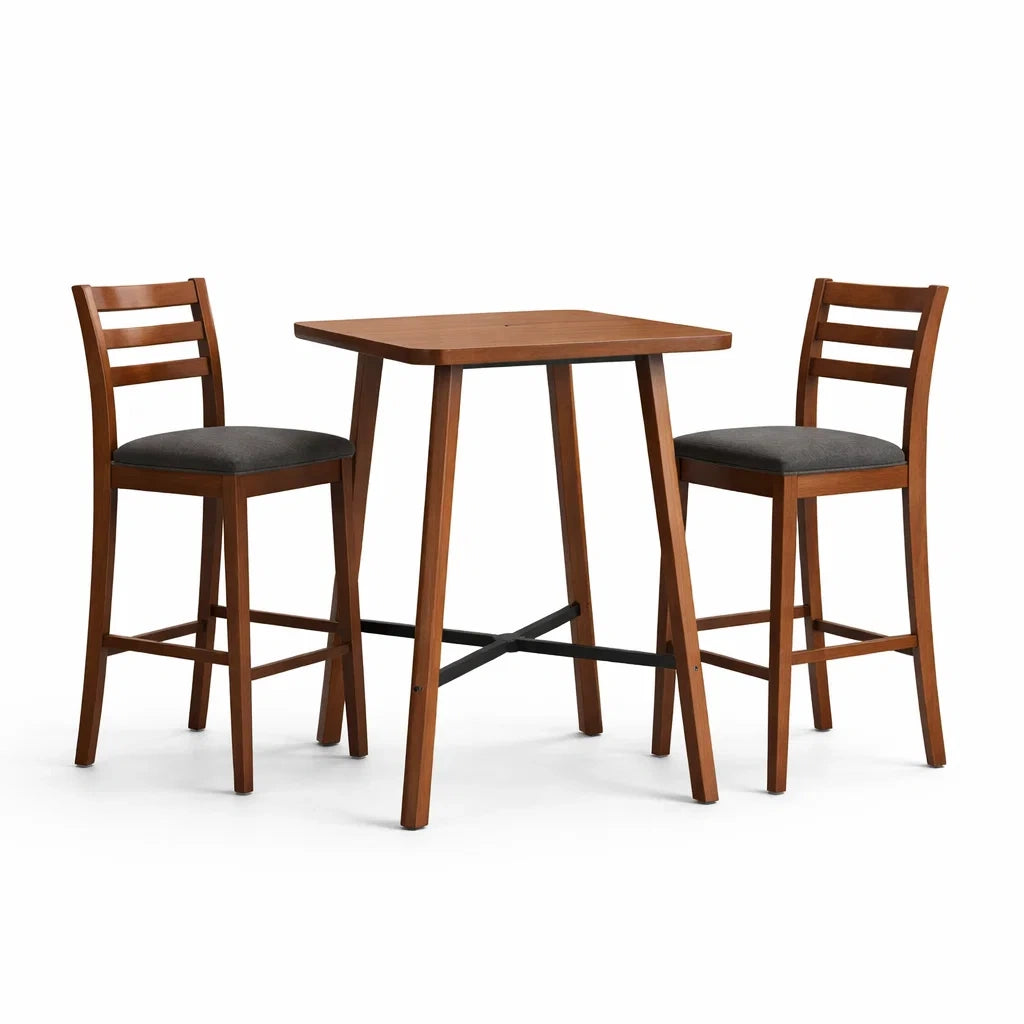 Set Tavolo da Bar in Legno con 2 Sgabelli in Tessuto Grigio