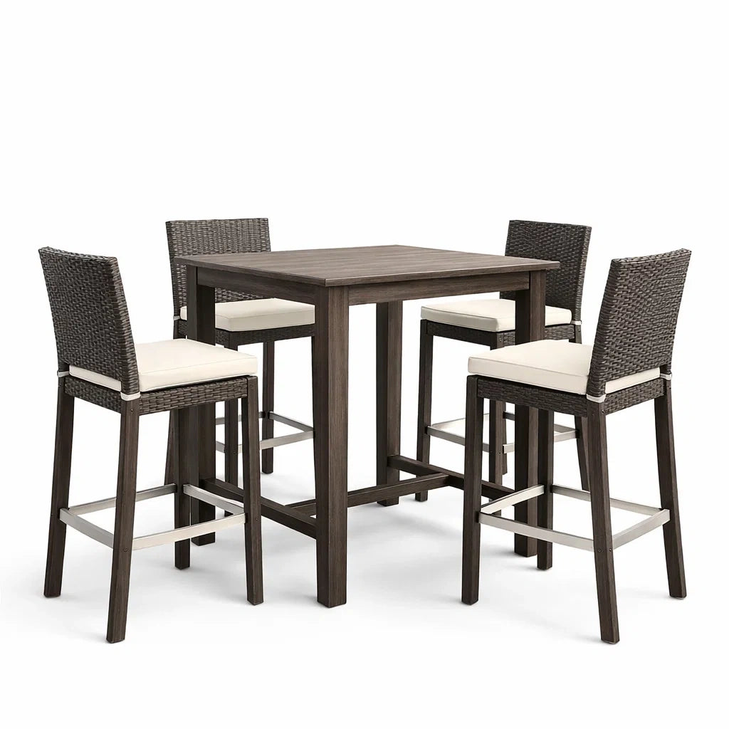 Set tavolo alto in legno con sgabelli in resina intrecciata e cuscini in poliestere
