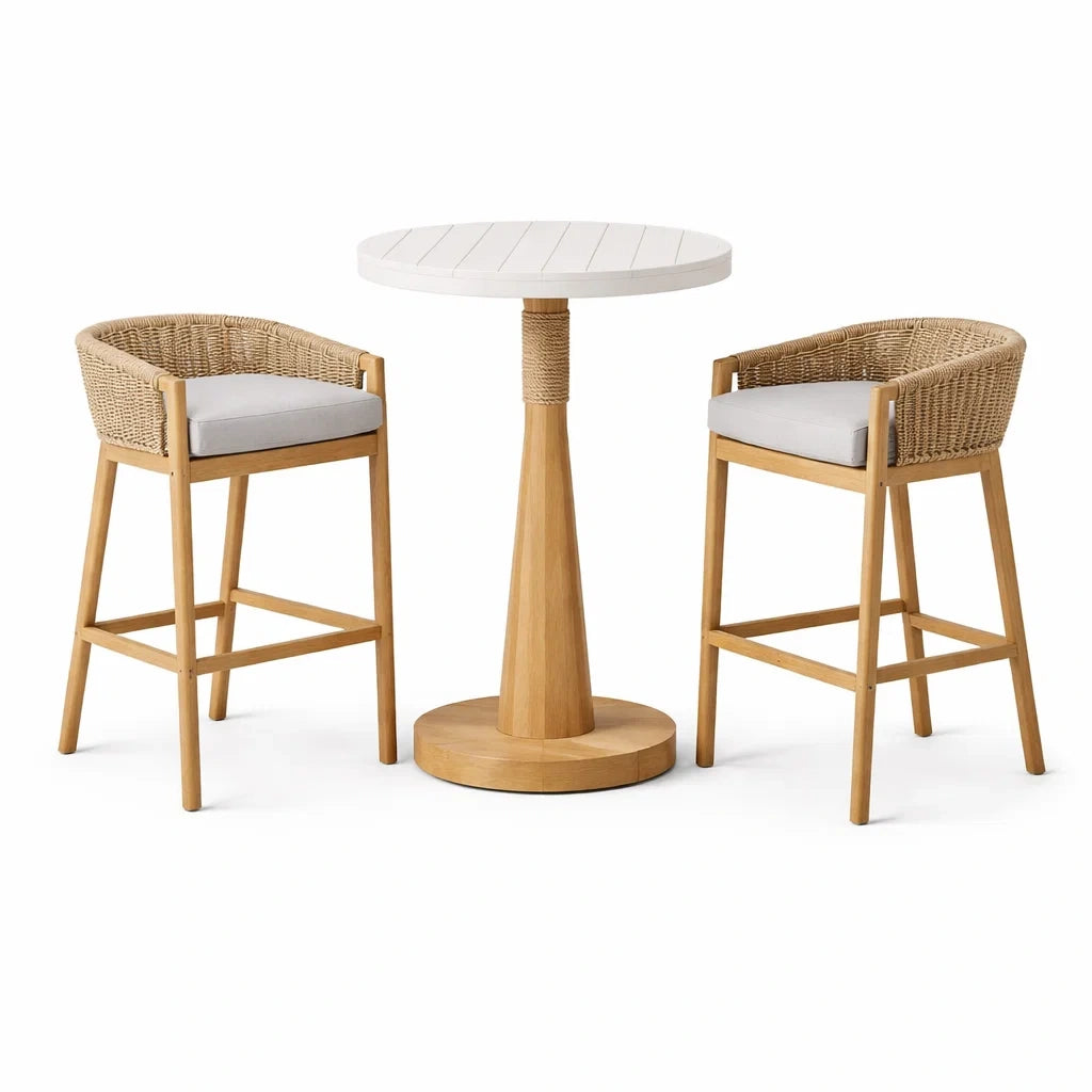 Set Tavolo con Sedie in Legno e Rattan per Esterni