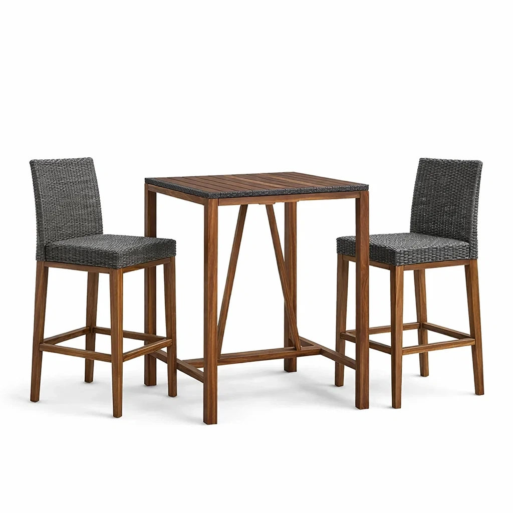 Set Tavolo da Bar con 2 Sedie in Legno di Teak e Rattan Sintetico
