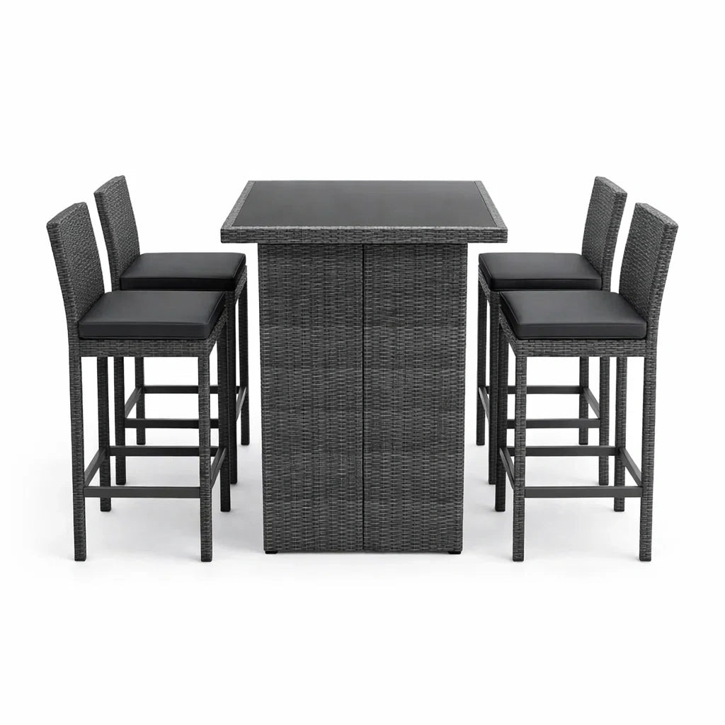 Set Tavolo Alto e 4 Sgabelli in Rattan PE con Vetro Temperato