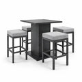 Set Tavolo da Bar Quadrato con 4 Sgabelli in Metallo Nero e Tessuto Grigio