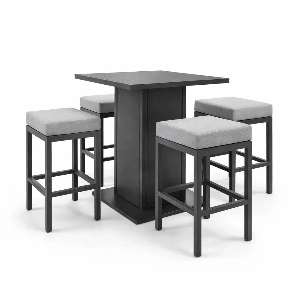 Set Tavolo da Bar Quadrato con 4 Sgabelli in Metallo Nero e Tessuto Grigio