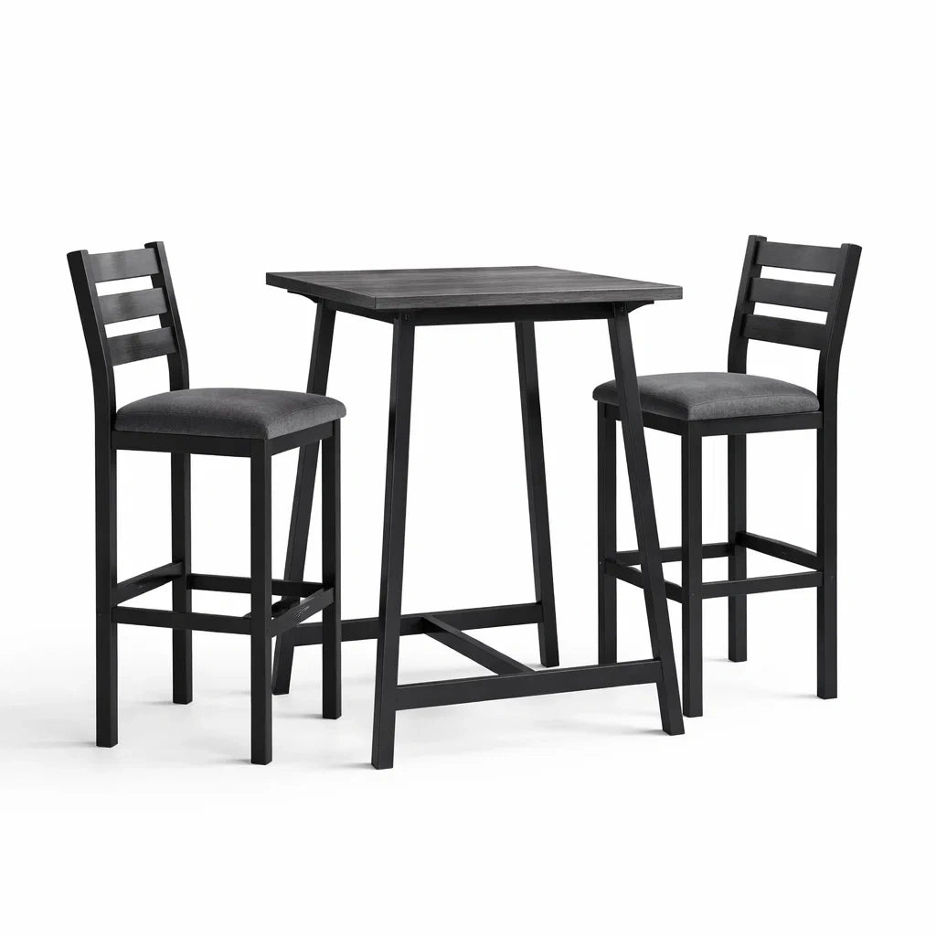 Set Tavolo Alto e Sedie 3 Pezzi in Legno e Poliestere Nero e Grigio