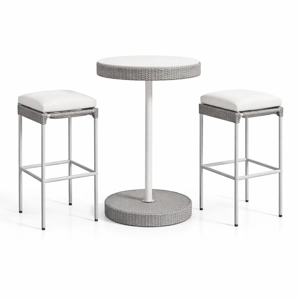 Set Tavolo Alto Rotondo con 2 Sgabelli in Rattan e Metallo