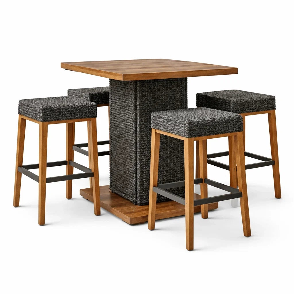 Set Tavolo e Sgabelli da Bar in Legno e Rattan Sintetico Grigio