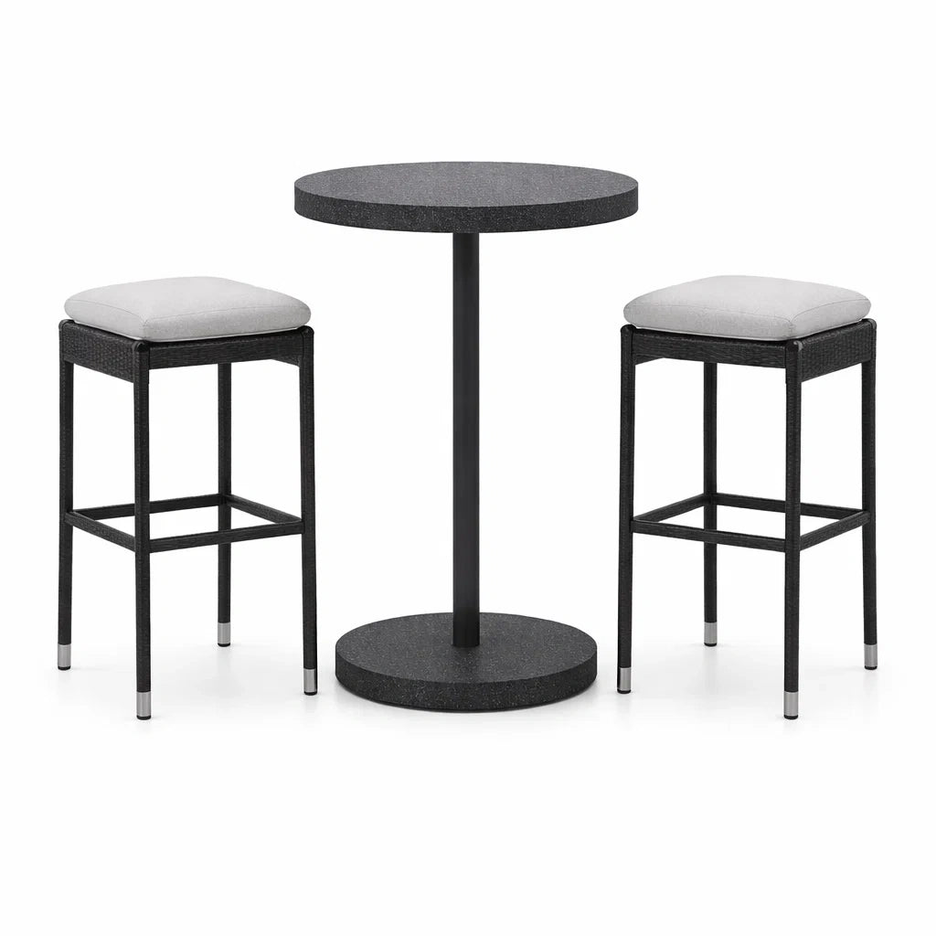 Tavolo Alto Rotondo con 2 Sgabelli in Rattan Sintetico Grigio/Nero