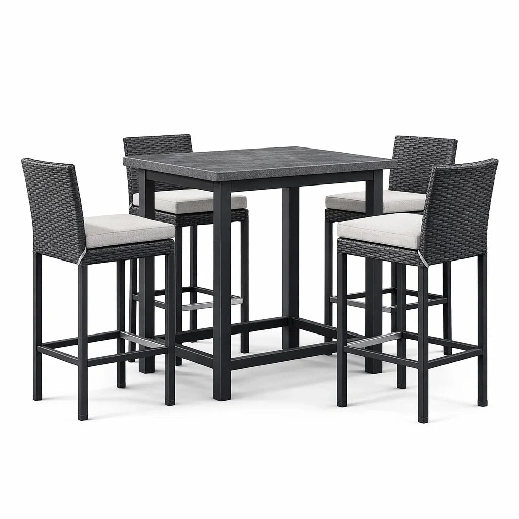 Set Tavolo Quadrato con 4 Sedie in Rattan Sintetico e Metallo Antracite