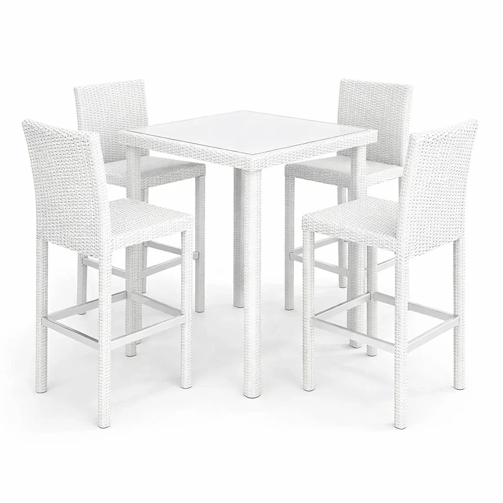 Set tavolo da bar quadrato con 4 sedie in rattan sintetico bianco