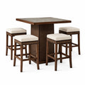 Set tavolo da bar in legno e rattan con 4 sgabelli imbottiti