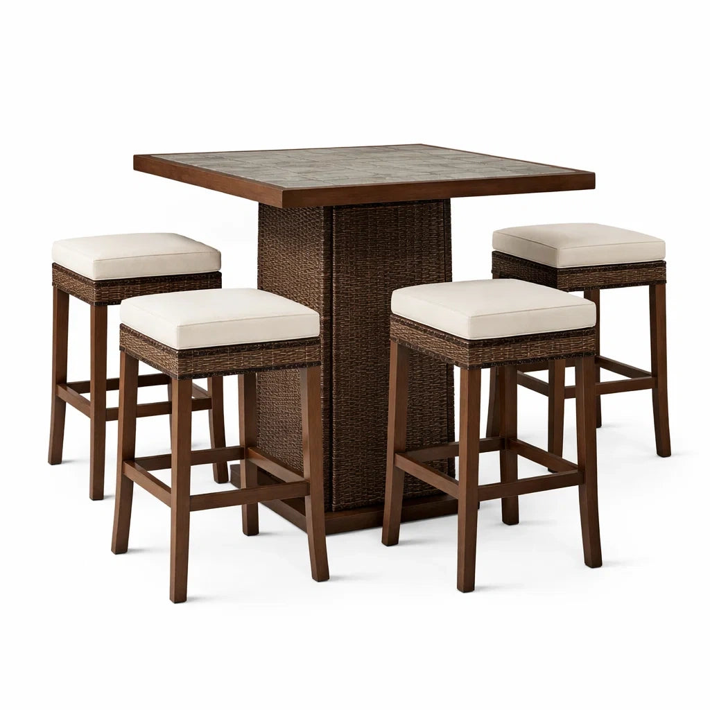 Set tavolo da bar in legno e rattan con 4 sgabelli imbottiti