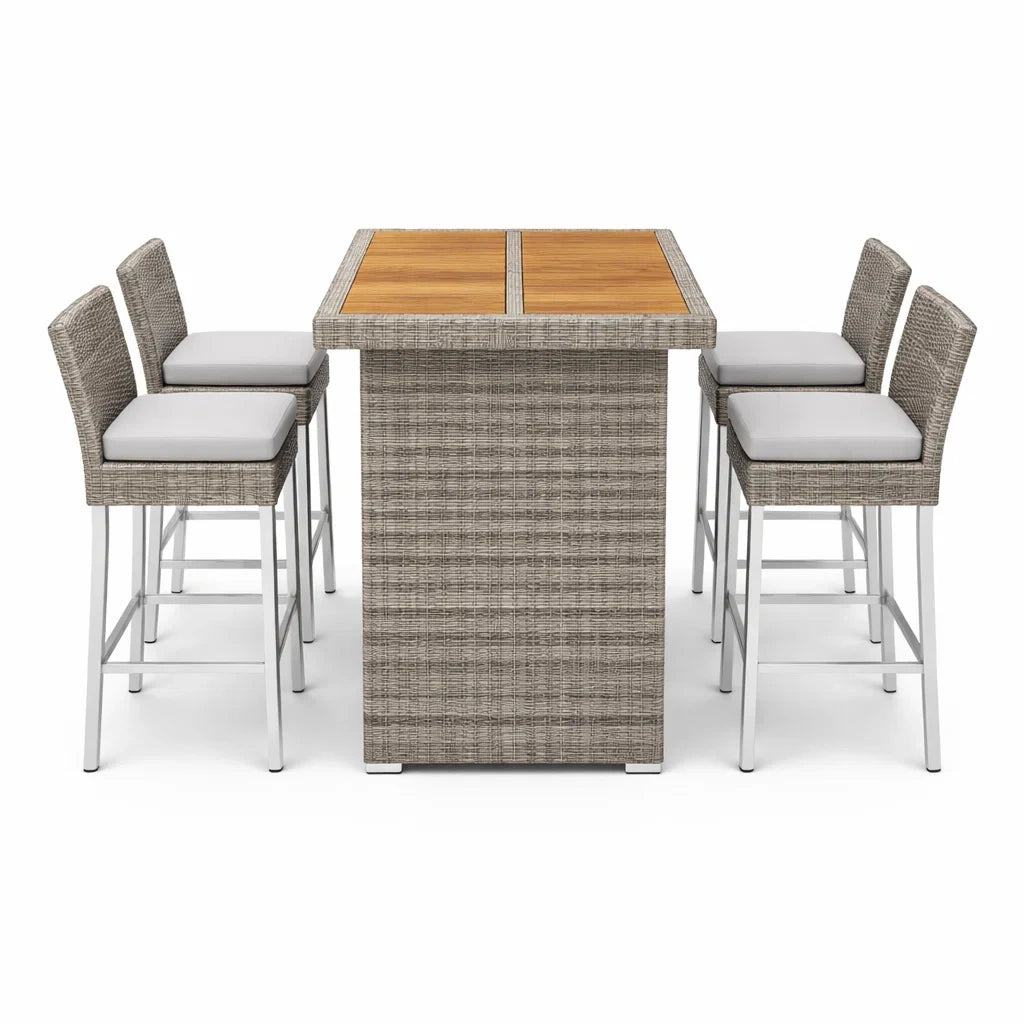 Set Tavolo da Bar in Rattan Sintetico con 6 Sedie e Piano in Legno