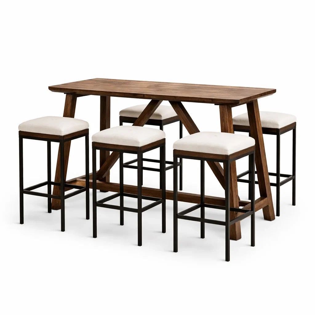 Set da Pranzo in Legno di Acacia e Metallo con Sgabelli, 5 Pezzi, Marrone e Bianco