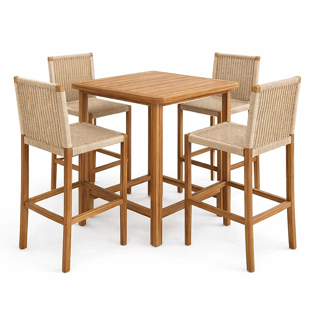 Set Tavolo e Sedie da Bar in Legno di Teak e Rattan Sintetico Beige