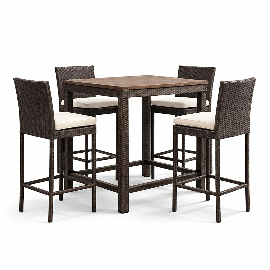 Set Tavolo Quadrato e 4 Sedie in Rattan Sintetico con Cuscini in Poliestere