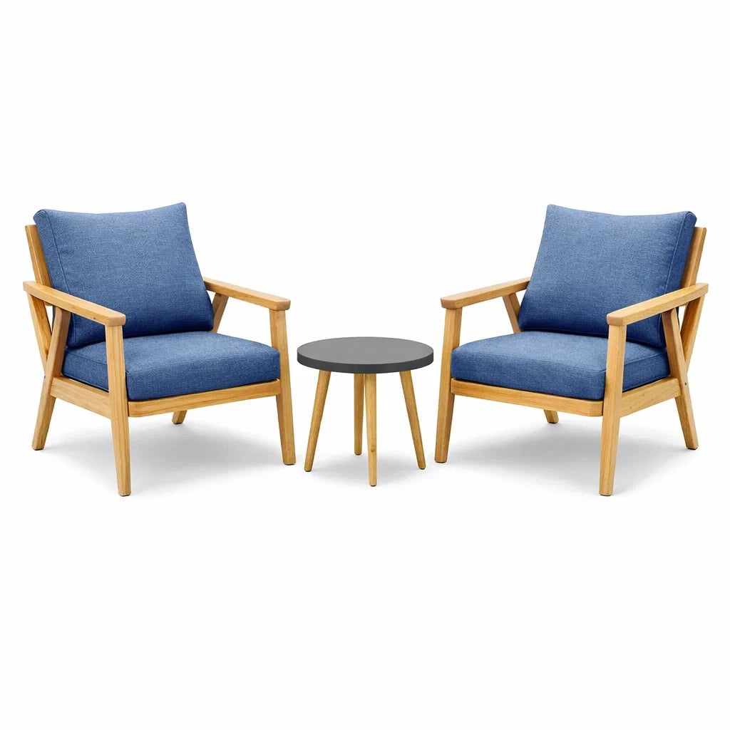 Set da Esterno con 2 Poltrone in Legno e Cuscini Blu