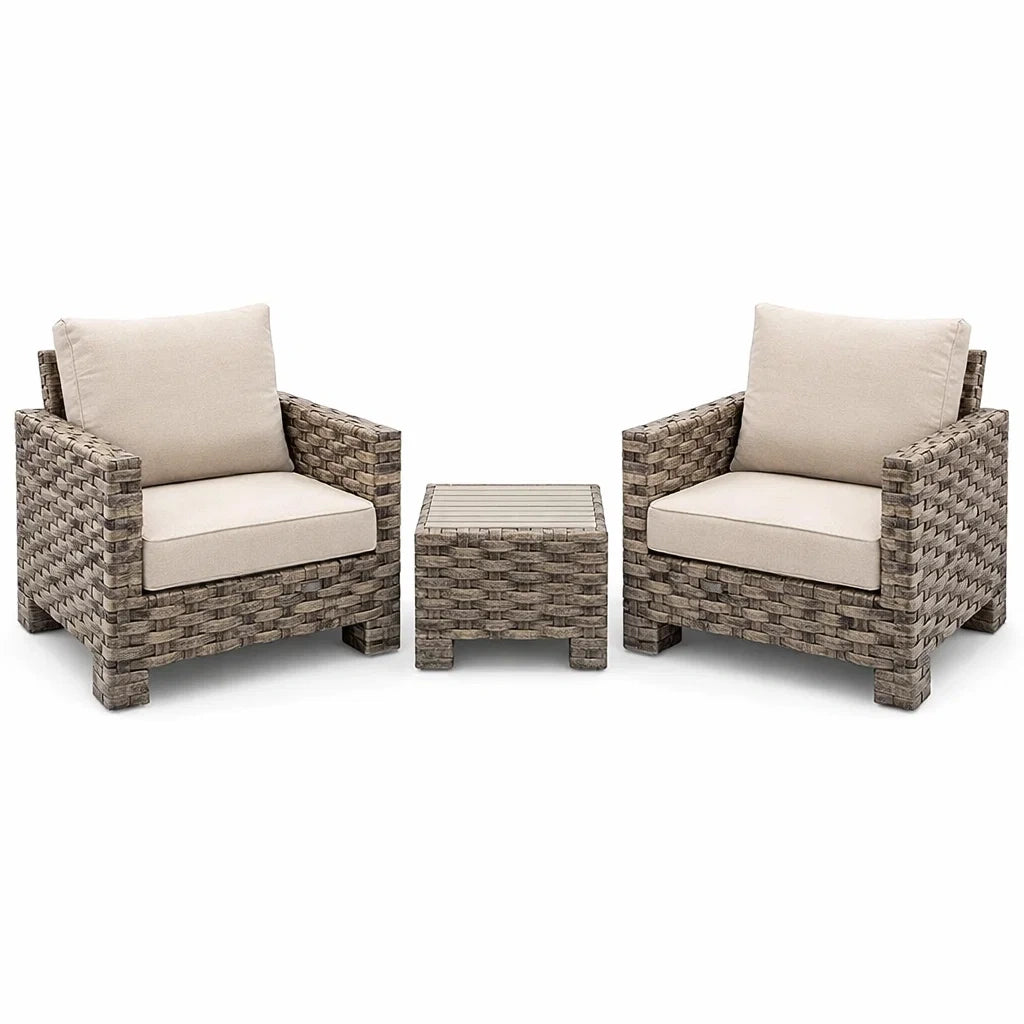 Set da Giardino in Rattan con 2 Poltrone e Tavolino, Cuscini Beige