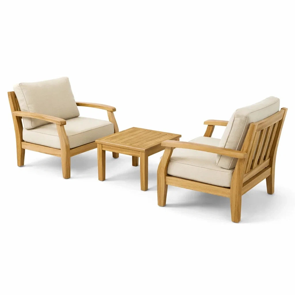 Set Arredamento Esterno in Legno di Teak con Cuscini in Poliestere Beige