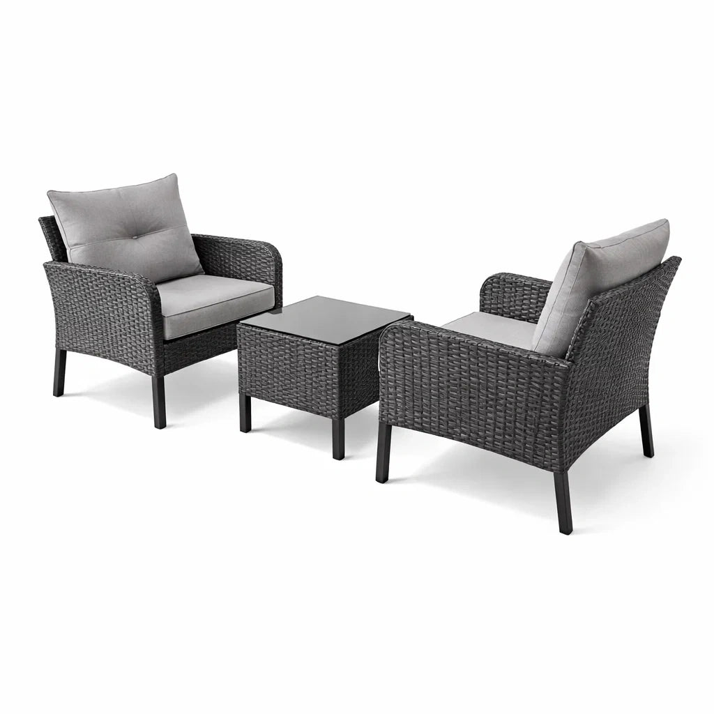 Set di Poltrone e Tavolino da Esterno in Rattan Sintetico Grigio e Nero