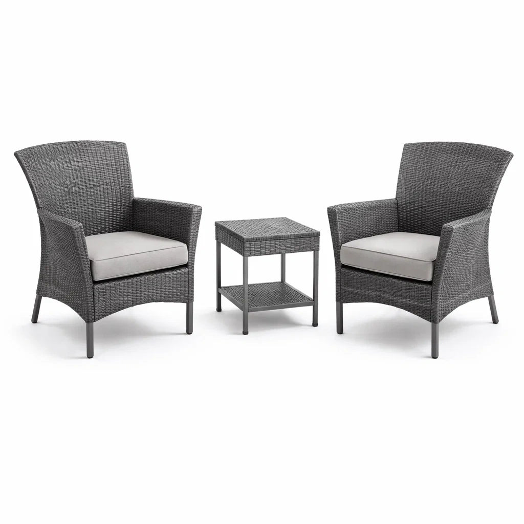 Set da Giardino in Rattan con 2 Poltrone e Tavolino Grigio