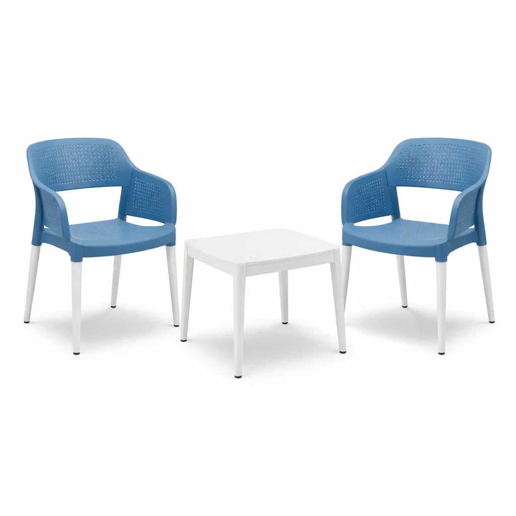Set da Giardino in Plastica con 2 Sedie e Tavolino Blu/Bianco