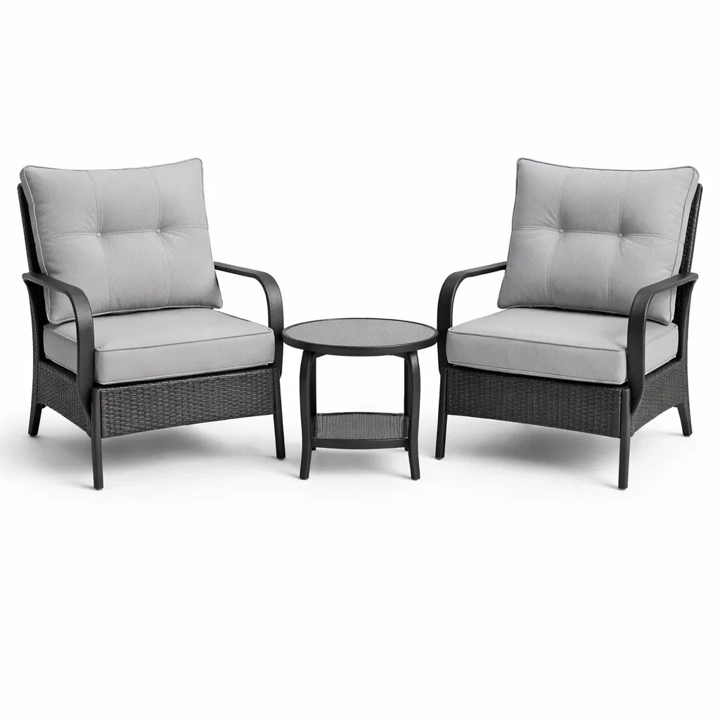 Set mobili da esterno in rattan con cuscini grigi