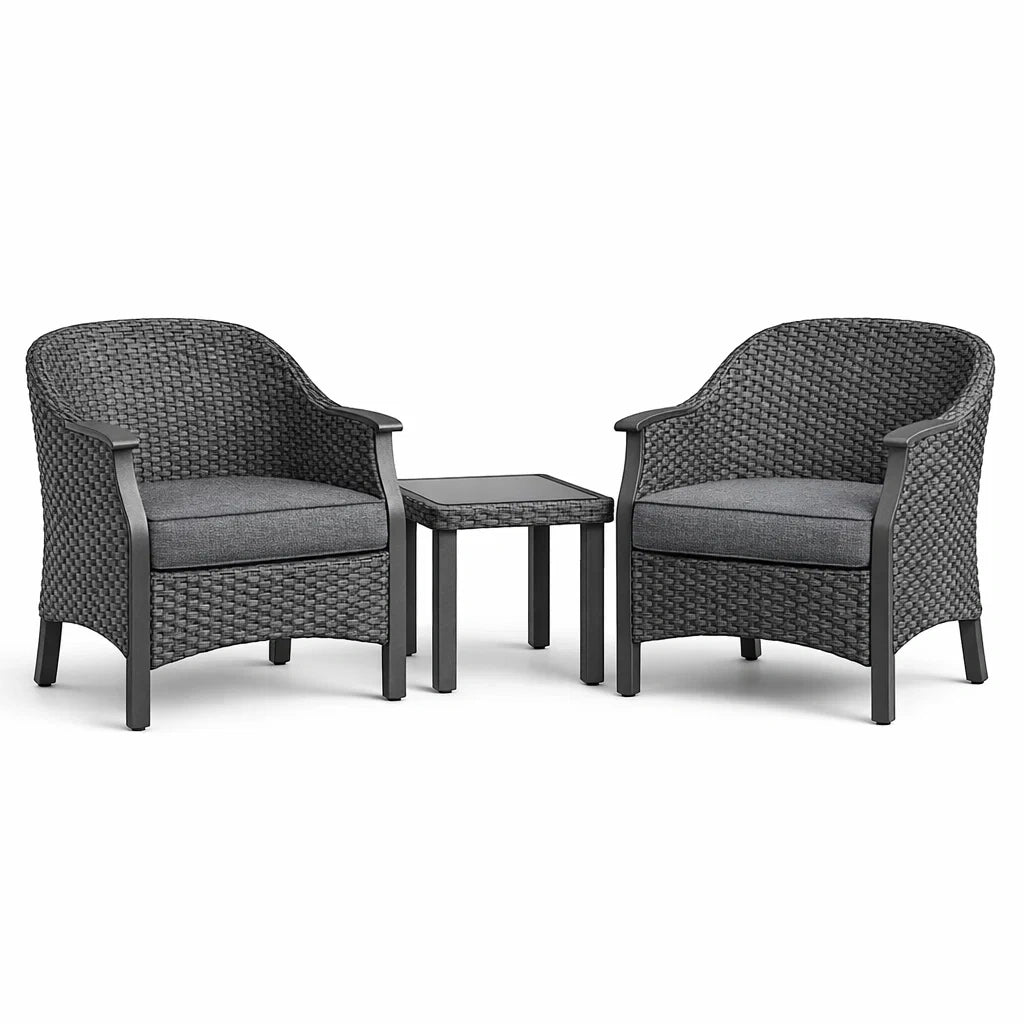 Set Giardino 3 Pezzi Rattan Aluminio Cuscini Grigi