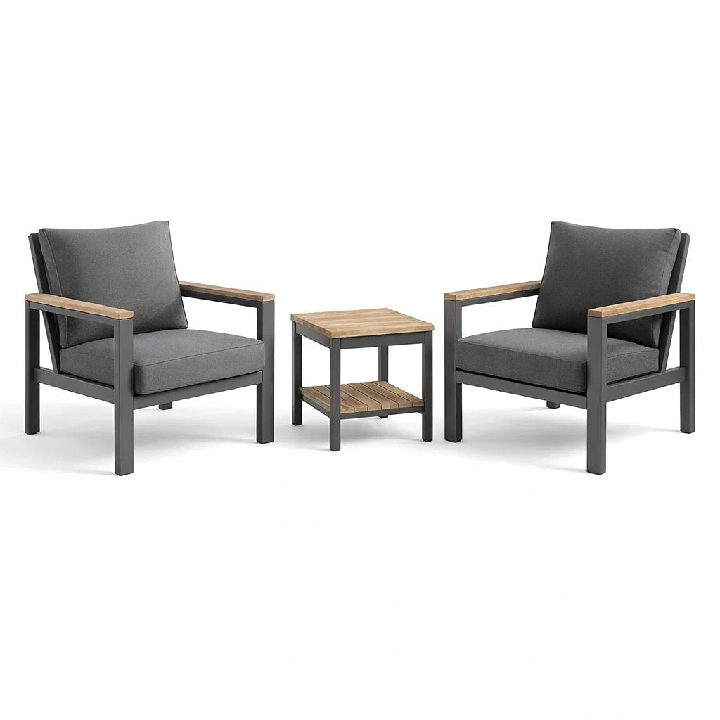 Set da Giardino 3 Pezzi con Poltrone e Tavolino in Alluminio e Legno Grigio