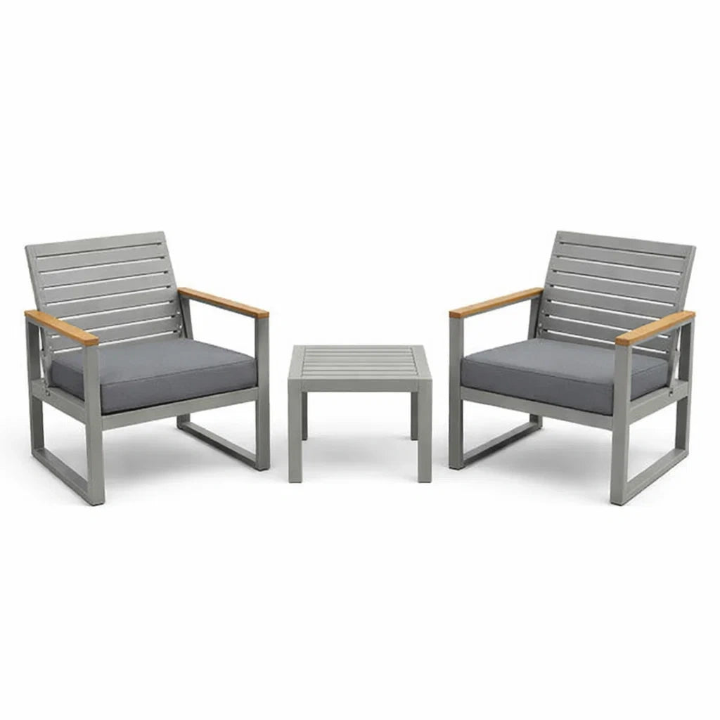 Set da giardino in metallo con 2 poltrone e tavolino grigio
